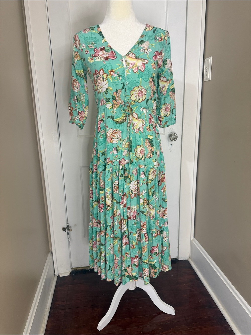 Teal Floral V-Neck Midi Dress